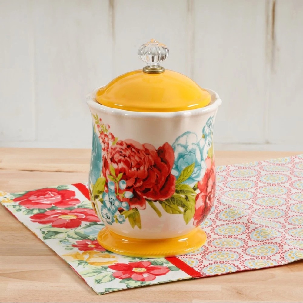 Floral Ceramic Jar with Yellow Lid